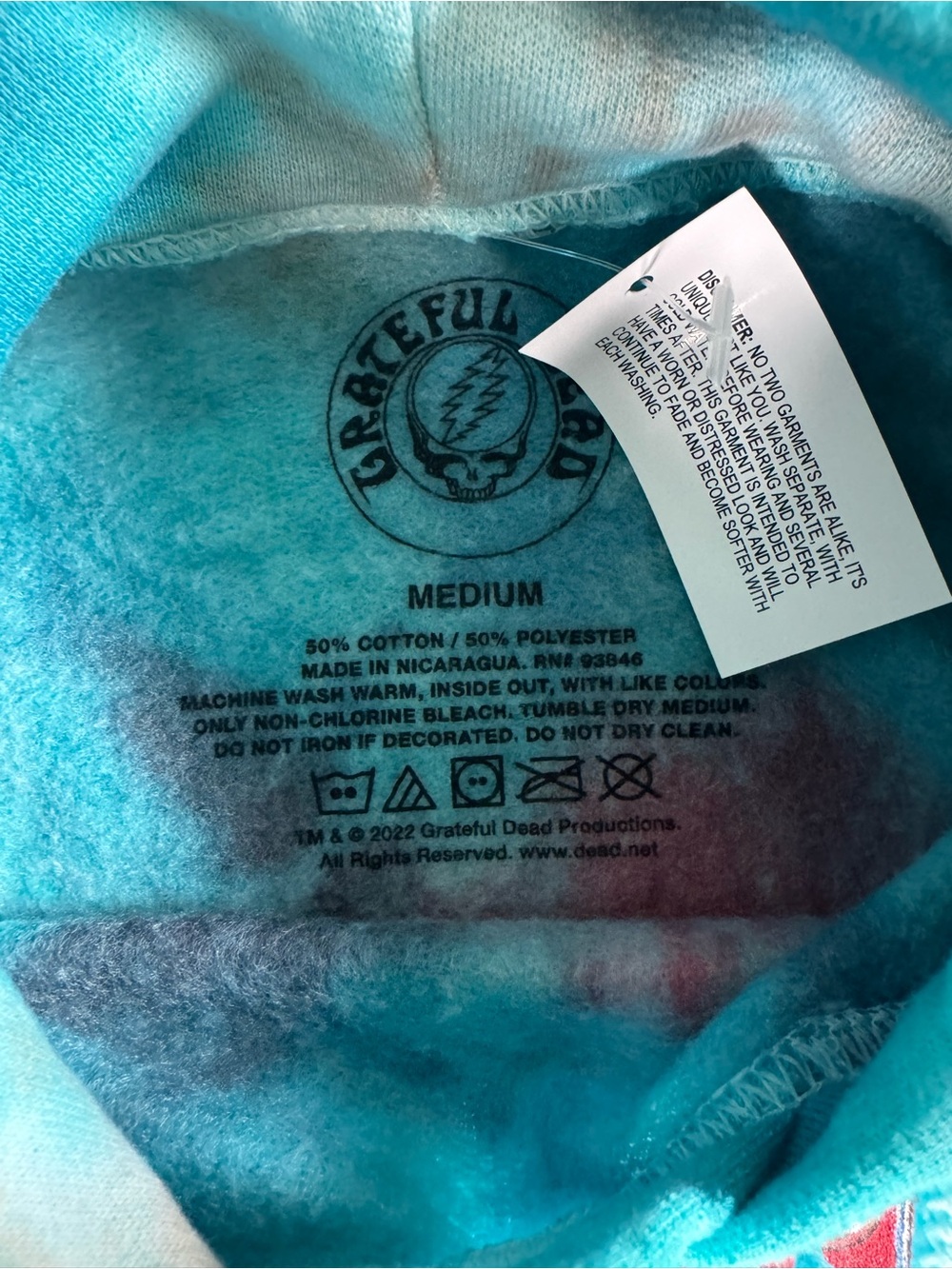 Grateful Dead Teal and Aqua Tie-Dye Hoodie with Skull Logo - Picture 3 of 4